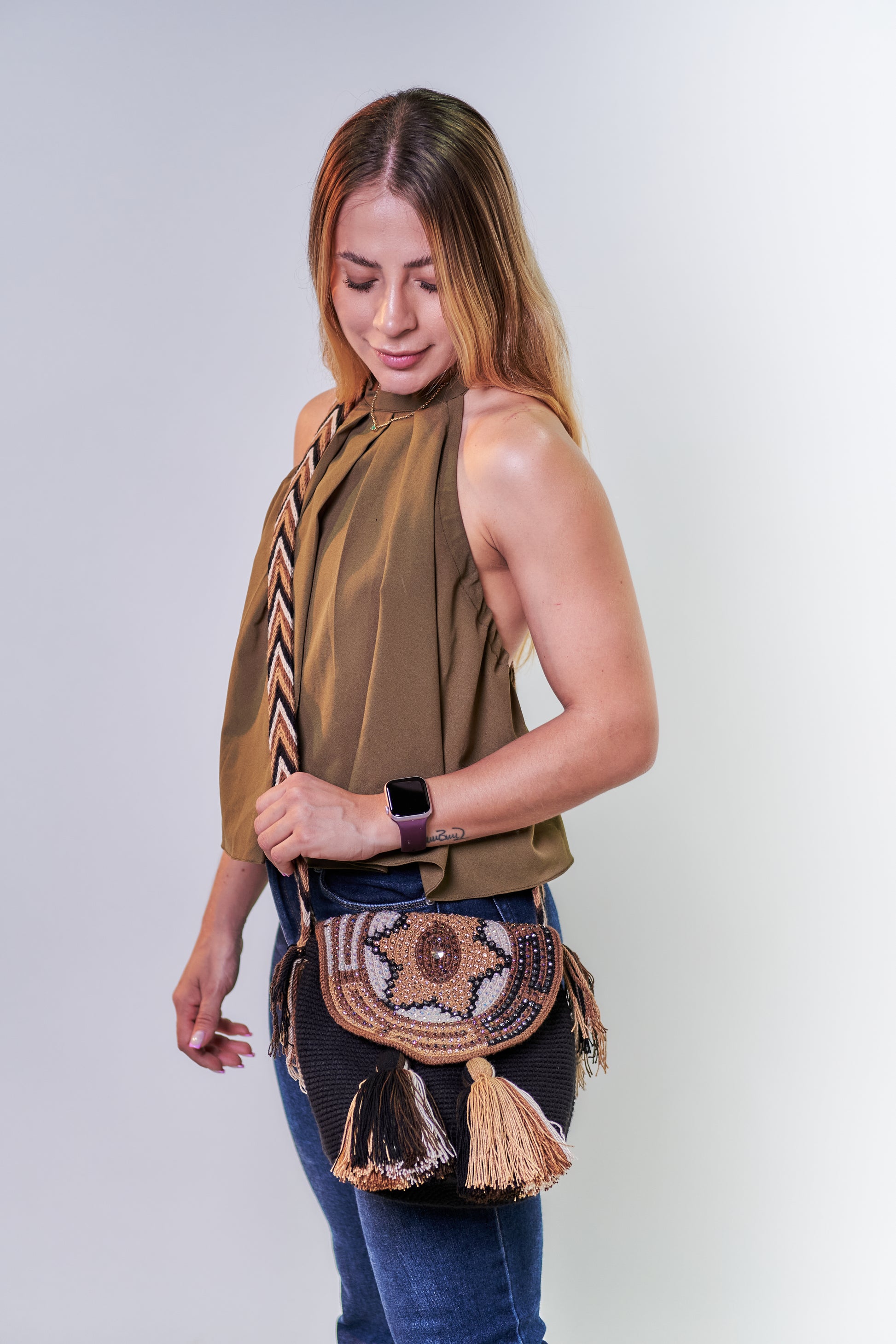Handcrafted Black Crossbody Bag with Gem Patterned Flap