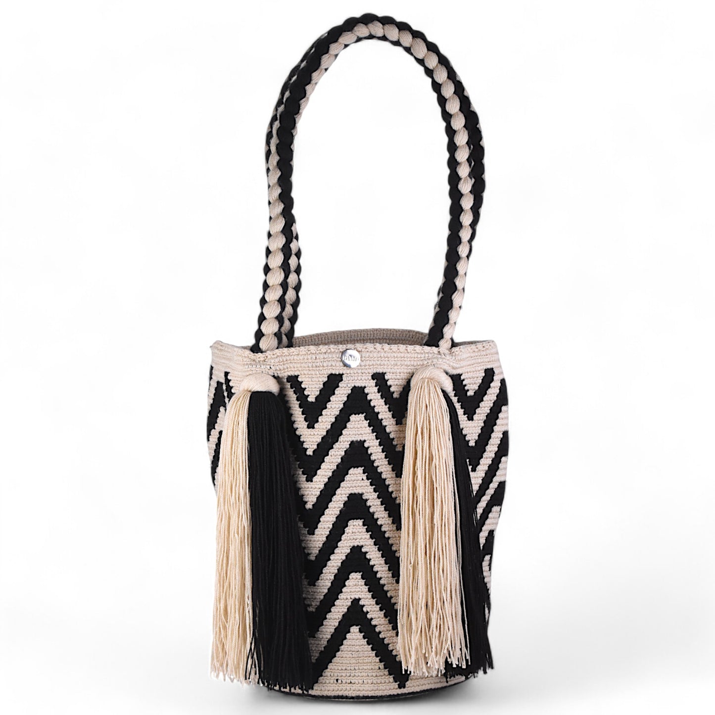Handcrafted Black and White Crochet Bag with Long Tassels