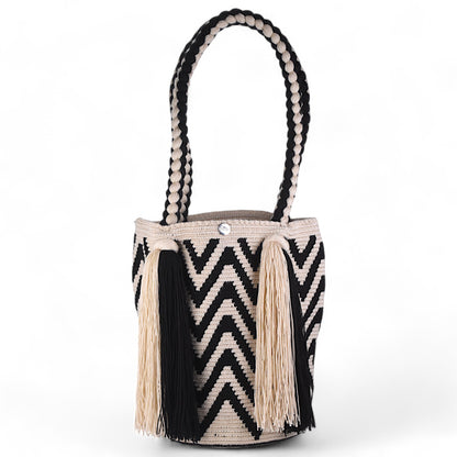 Handcrafted Black and White Crochet Bag with Long Tassels