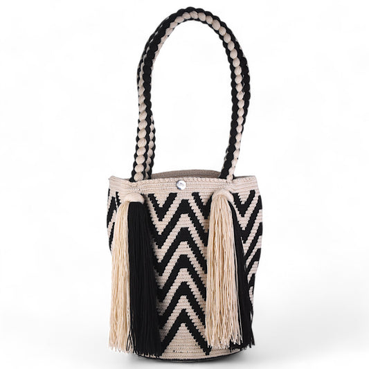 Handcrafted Black and White Crochet Bag with Long Tassels