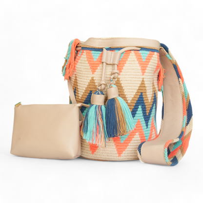 Handcrafted Cream Genuine Leather Handbag with Zigzag Pattern and Tassels