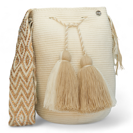 Handcrafted Cream and Gold Crossbody bag with Gem Handle