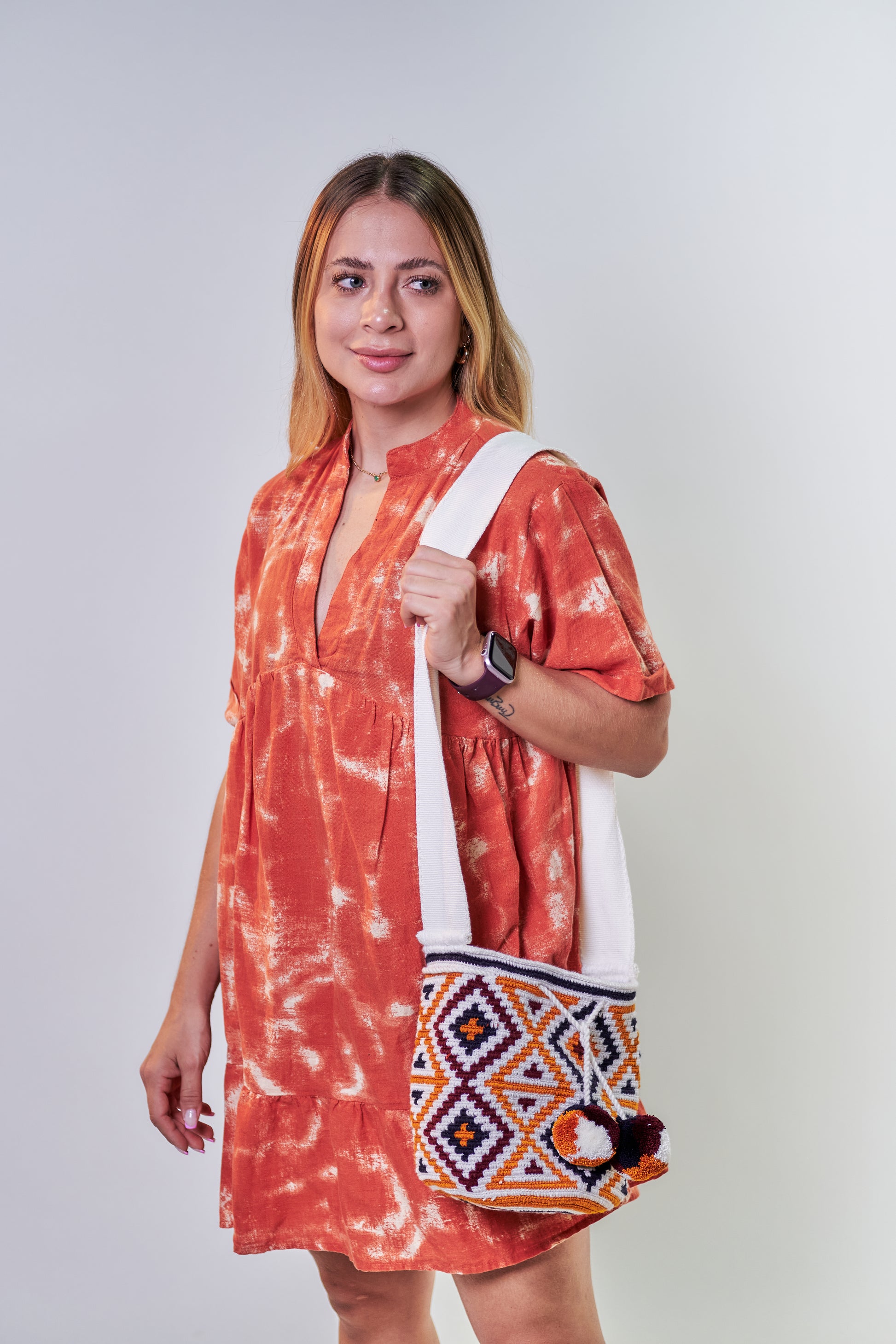 Handcrafted Patterned Shoulder Mochila Bag with Pom Poms
