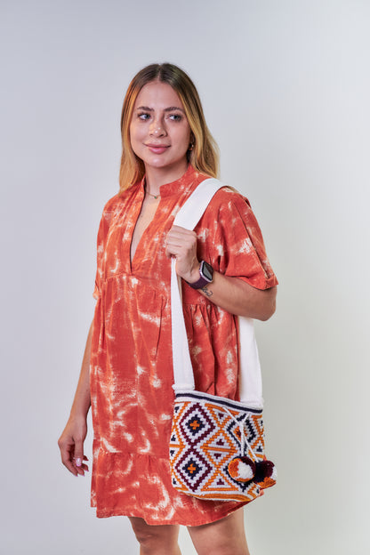 Handcrafted Patterned Shoulder Mochila Bag with Pom Poms
