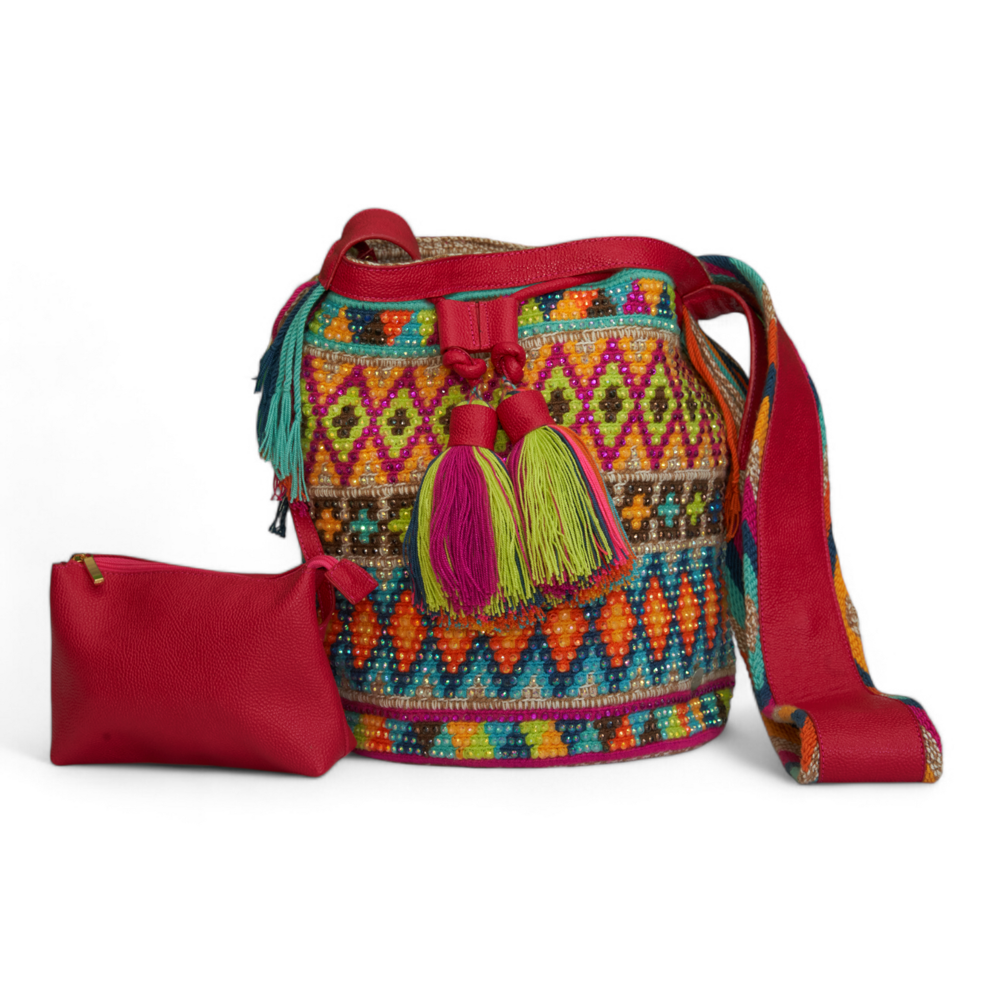 Handcrafted Pink Genuine Leather Crochet Shoulder bag with Diamond Gem Pattern