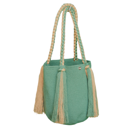 Handcrafted Teal Crochet Shoulder Bag with Long Teal and Brown Tassels
