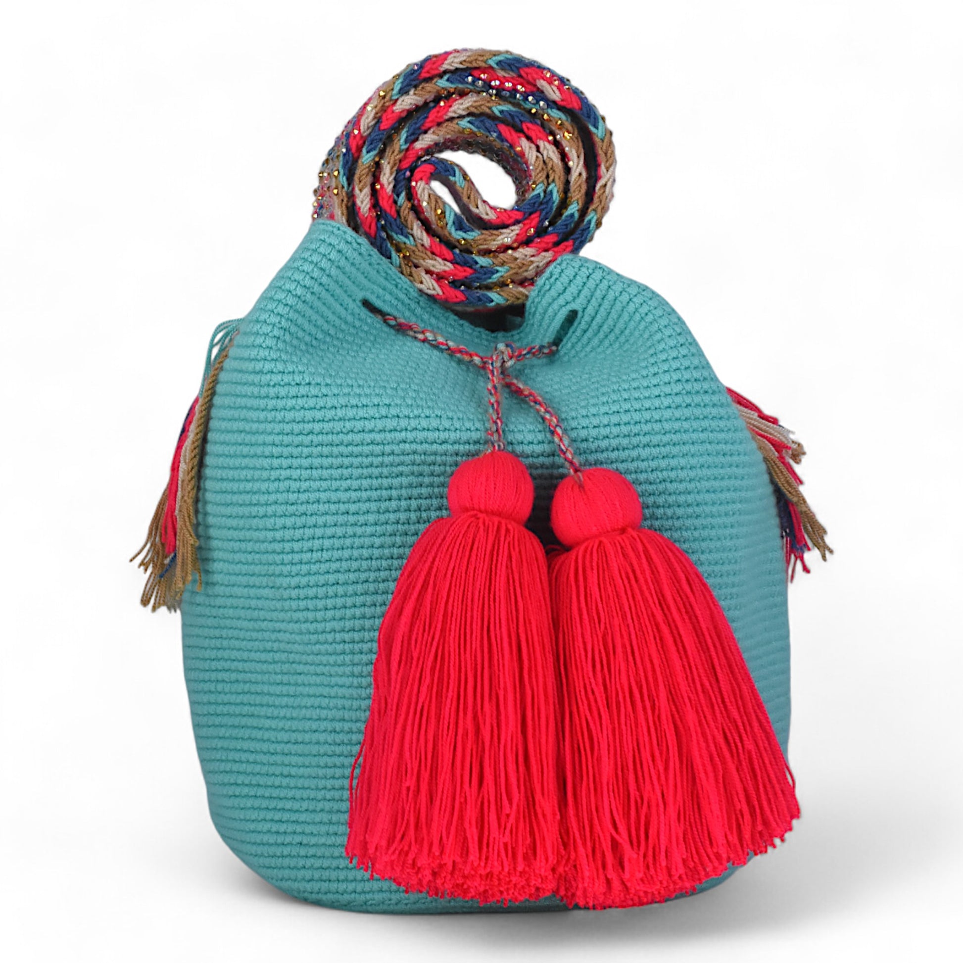 Handcrafted Turquoise Crochet Crossbody Bag with Red Tassels and Gem Handle