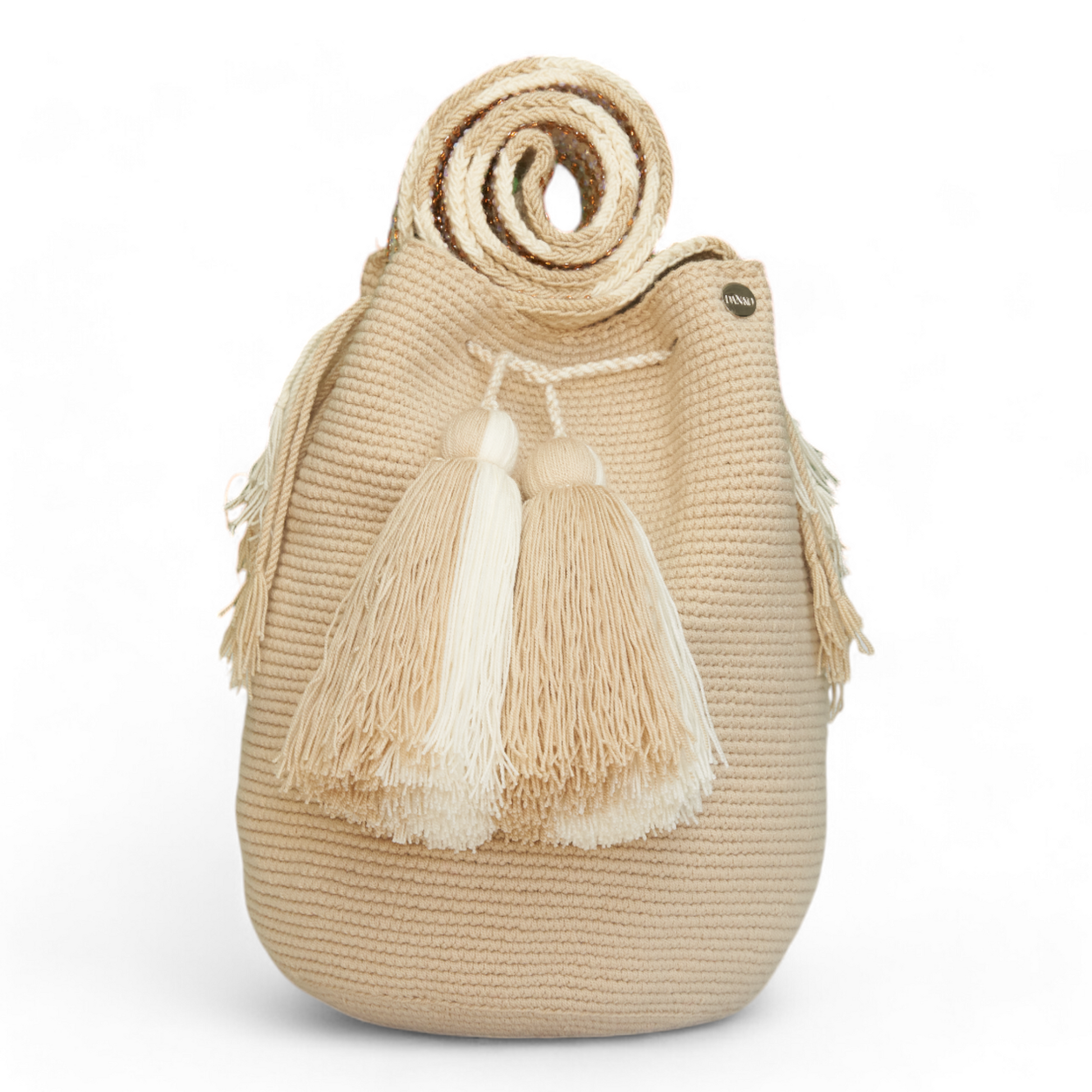 Handmade Beige and White Crossbody Handbag with Tassels and Gem Handle