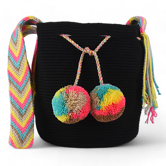 Handmade Black Shoulder bag with Multi-coloured Pom Poms