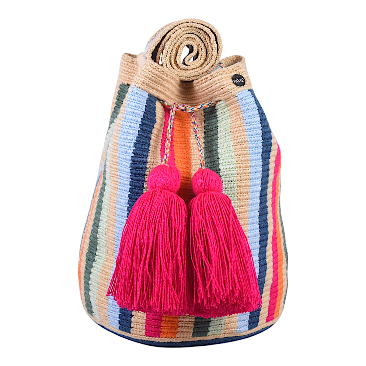 Handmade Crossbody Bag with Multicolour Vertical Stripe Design and Fuchsia Tassels