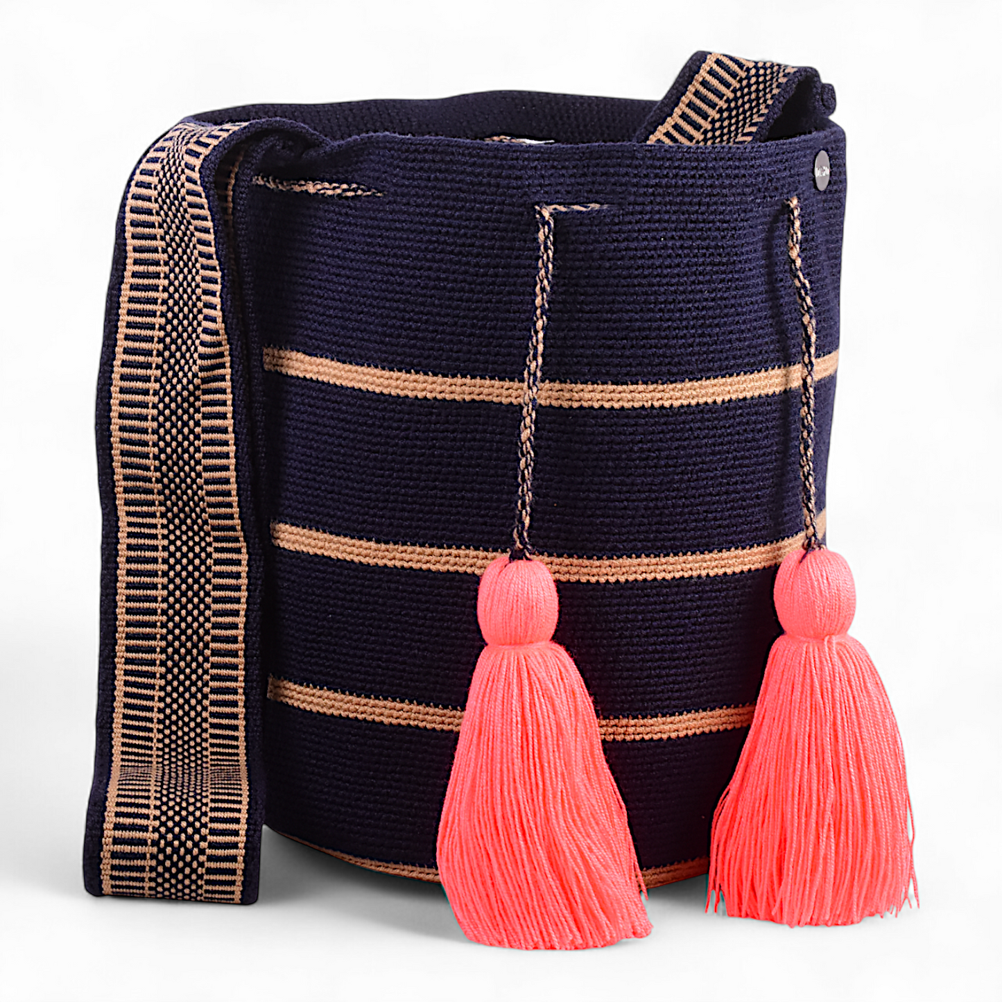Handmade Crossbody Blue Bag with Beige Stripe Design and Pink Tassels