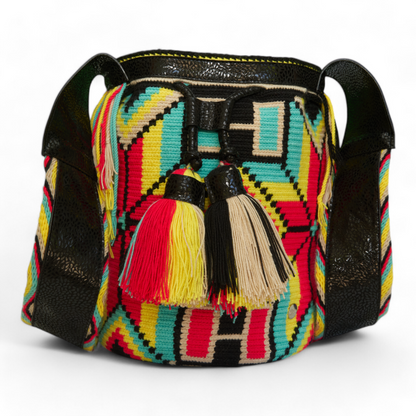 Hand Crafted Danko Black Leather Shoulder Bag with Tassels and Multicoloured Pattern