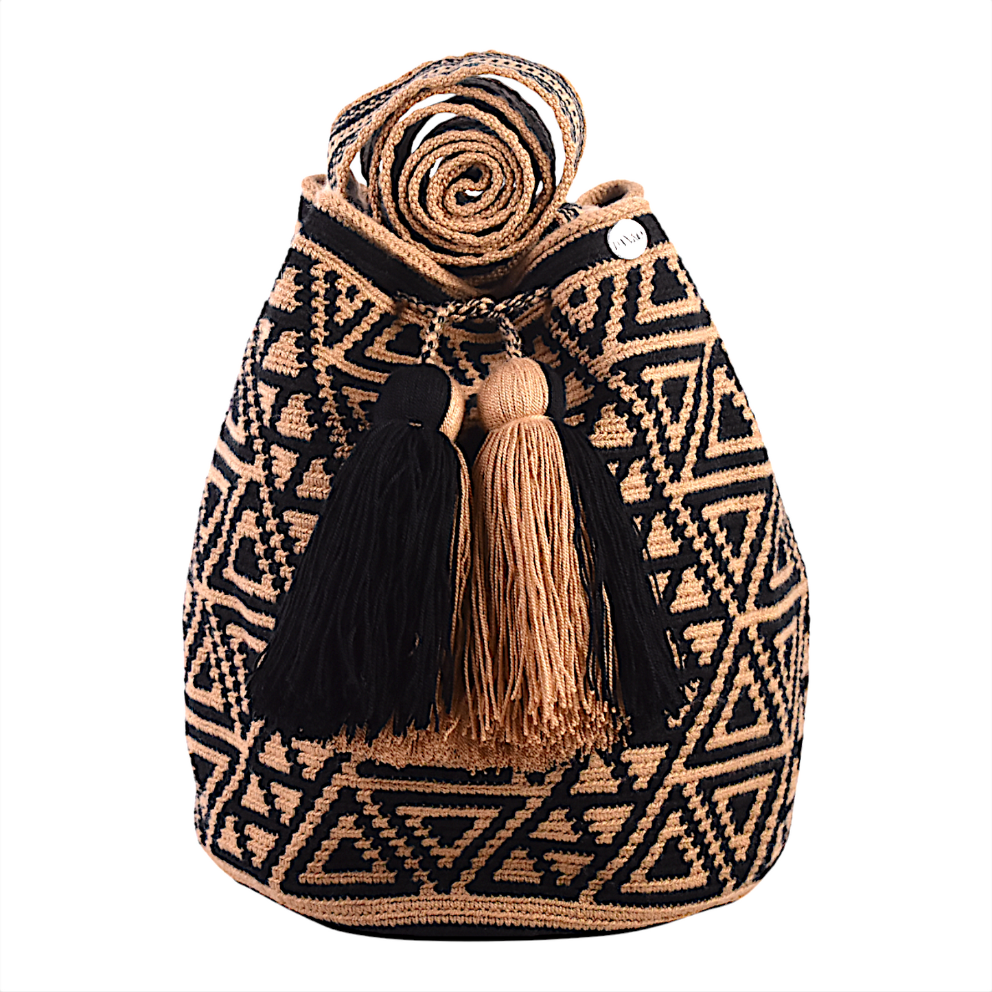 Handmade Mochila Bag with Black and Gold Triangles with Tassels 28x28 Centimeters