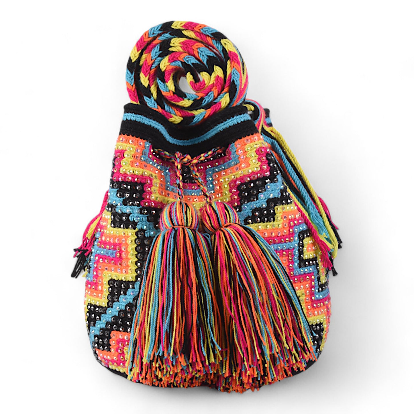 Handmade Multicoloured Cross Pattern Crossbody Bag with Gems and Tassels