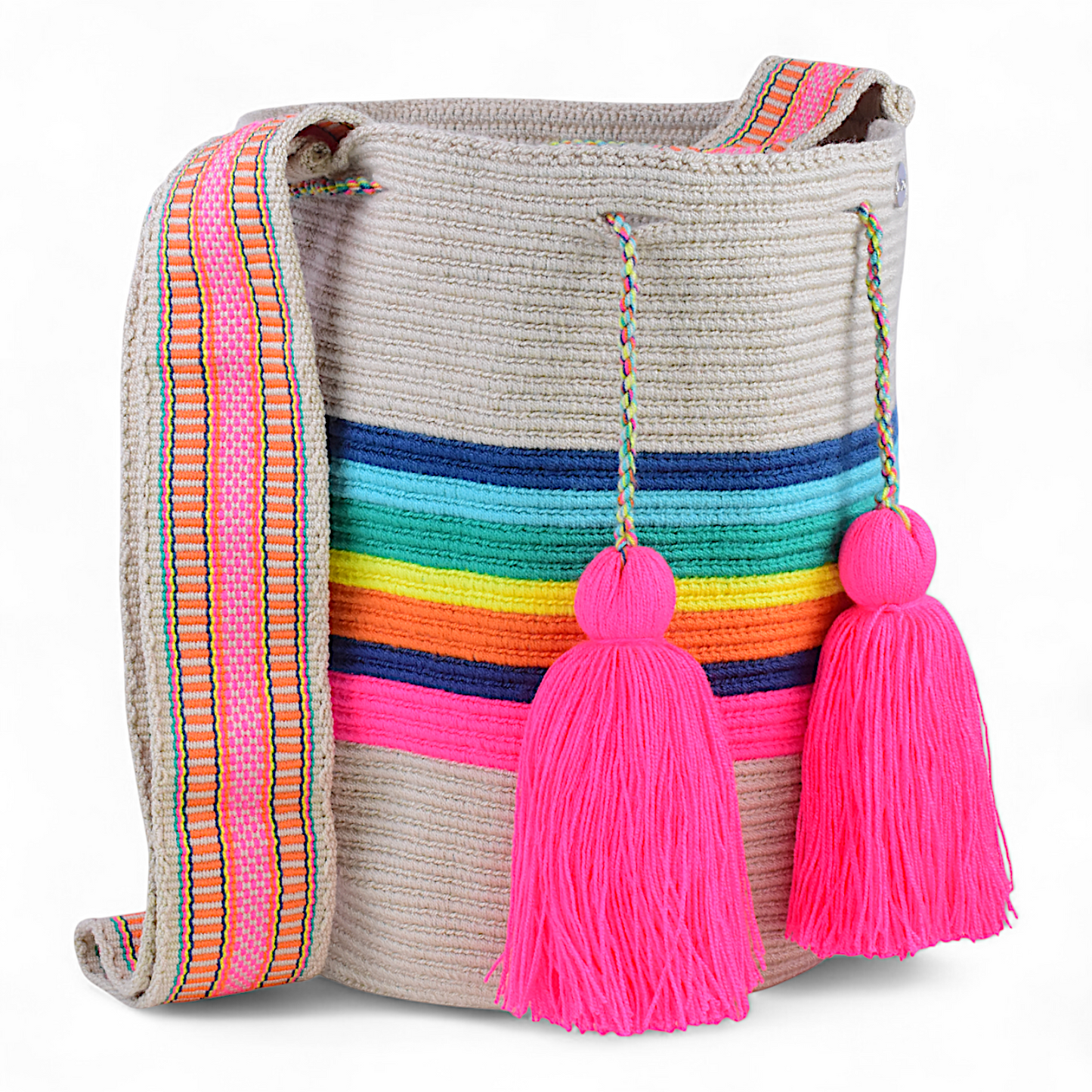 Handmade Shoulder Bag with Multicoloured Stripes and Pink Tassels