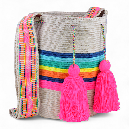 Handmade Shoulder Bag with Multicoloured Stripes and Pink Tassels