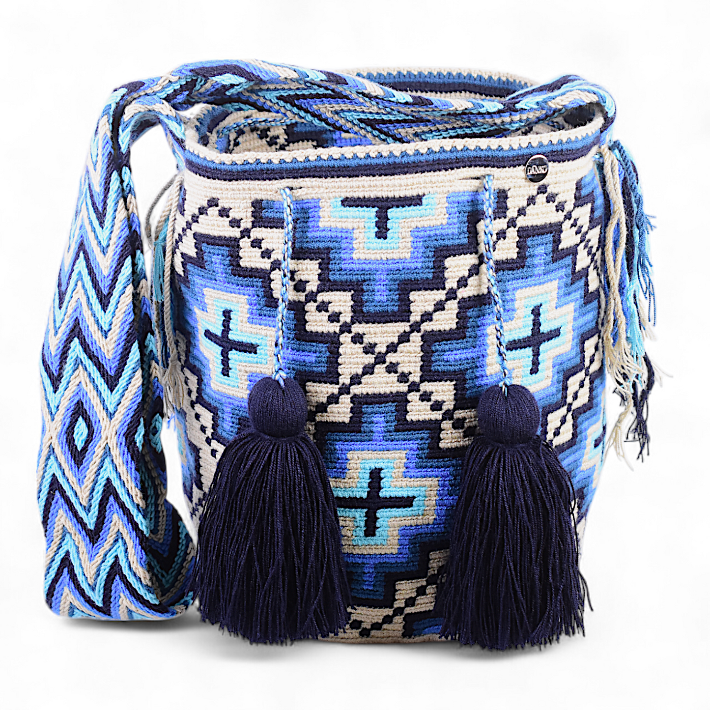 Medium Bohemian Bag with Blue Cross Design and Navy Blue Tassels