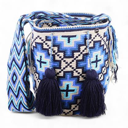 Medium Bohemian Bag with Blue Cross Design and Navy Blue Tassels
