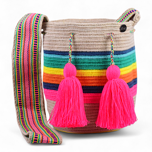 Medium Shoulder Bag with Rainbow Stripes and Pink Tassels